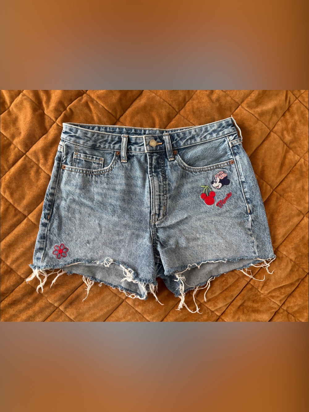 Old Navy Light Blue Denim Shorts with Embroidered Minnie & Cherries